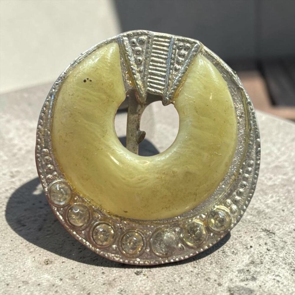 Butter Yellow Art Deco Dress Clip Rhinestone Halo Silver Tone Vintage